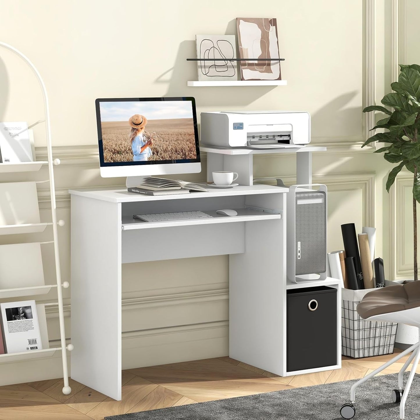 Space-Saving Computer Desk with Drawer and Storage Shelves-1