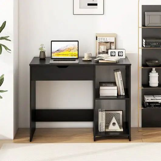 Space Saving Computer Desk with Hidden Compartment and Open Storage Shelves-Black - Color:Black - Computer Desk