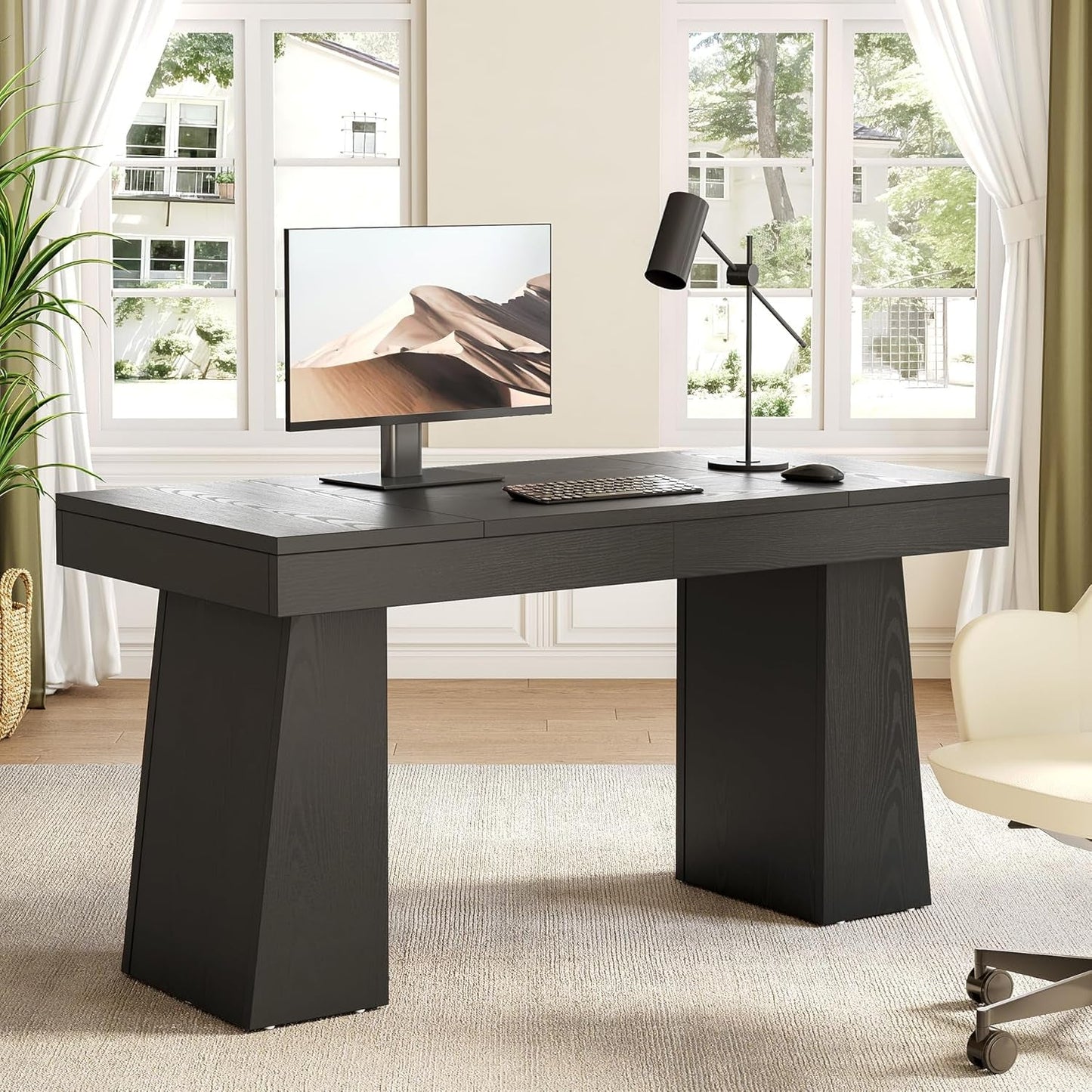Spacious 55 Inch Black Wooden Computer Desk for Home-0
