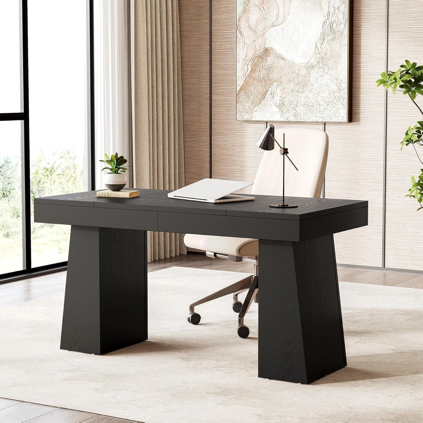 Spacious 55 Inch Black Wooden Computer Desk for Home-2