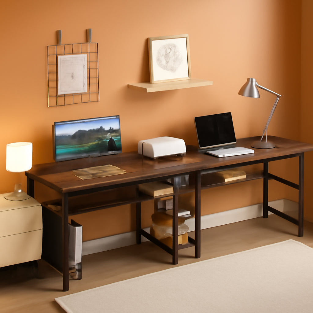 Spacious Two Person Desk with Power Strips and Shelves-0