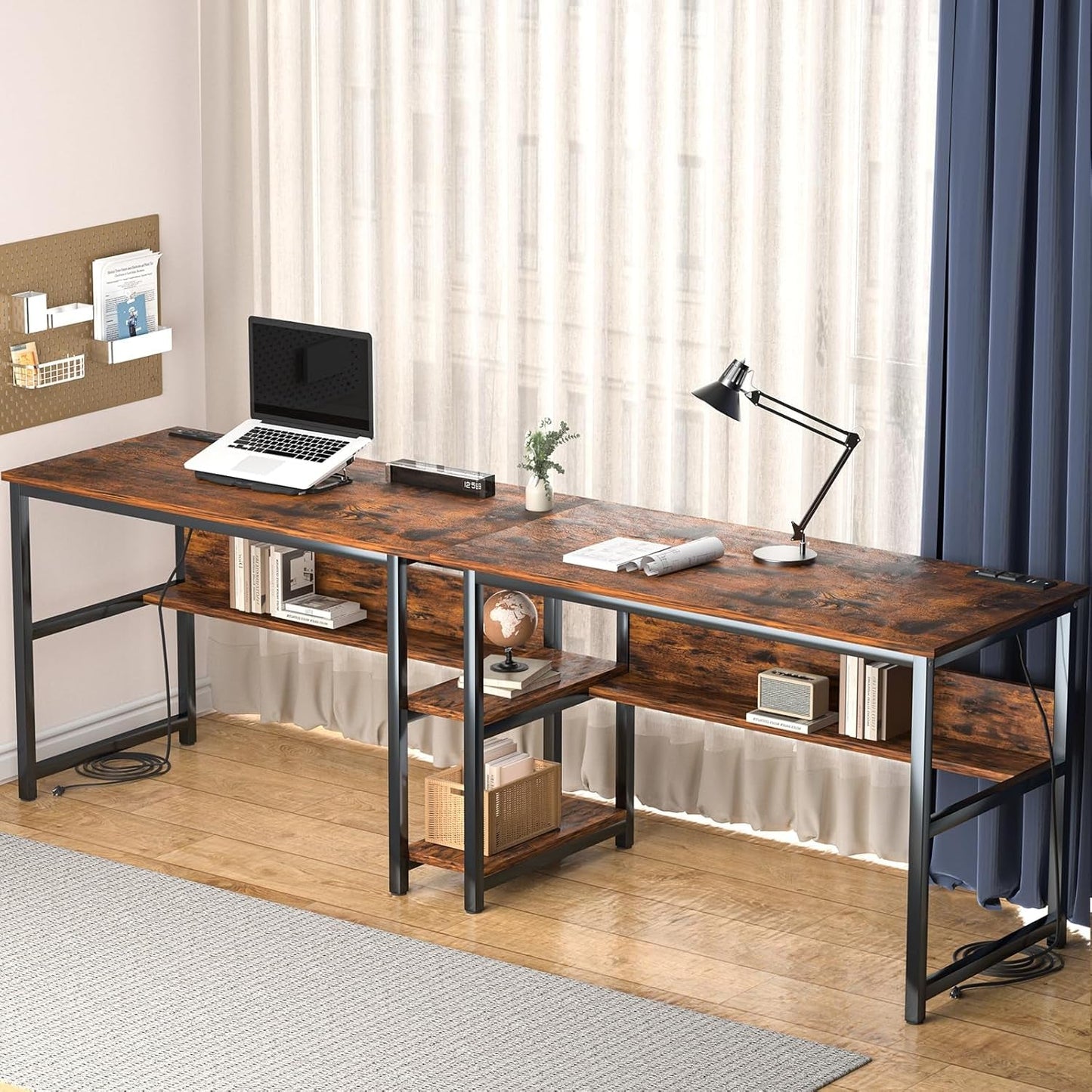 Spacious Two Person Desk with Power Strips and Shelves-3