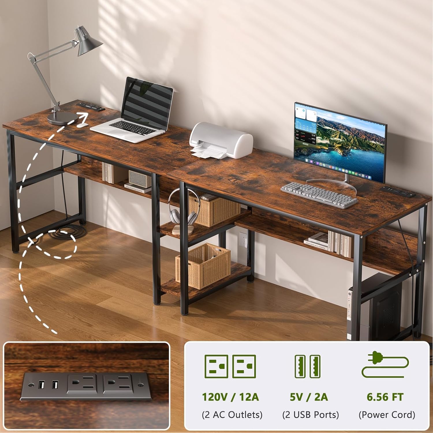 Spacious Two Person Desk with Power Strips and Shelves-4