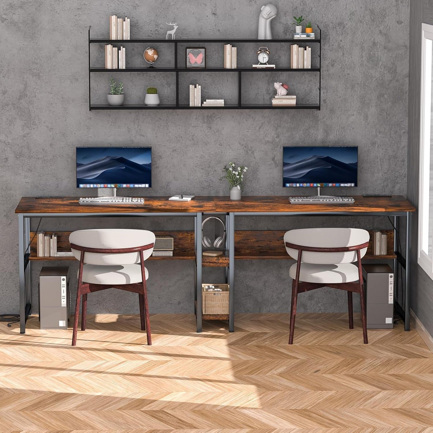 Spacious Two Person Desk with Power Strips and Shelves-2