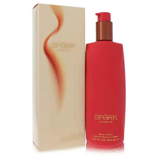 Red Spark body lotion bottle with pump dispenser and packaging box for Liz Claiborne Spark
