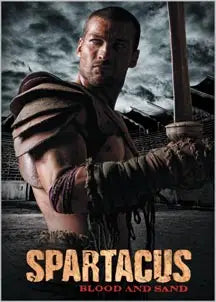 Muscular man with sword in stormy background for Spartacus Blood and Sand promo card