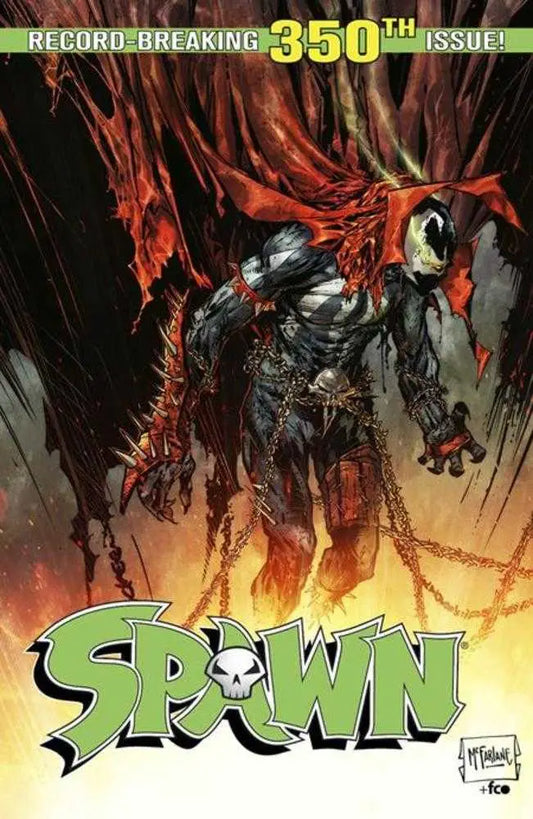 Dark armored figure with red cape and chains in Spawn #350 Todd McFarlane Variant cover