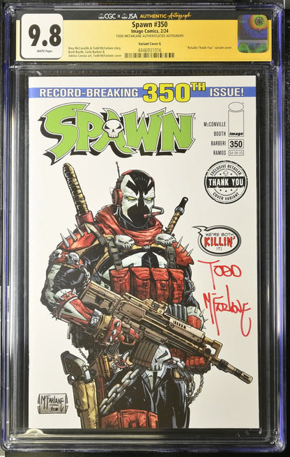 CGC graded 9.8 Spawn #350 Thank You Variant signed by Todd McFarlane, featuring red armor