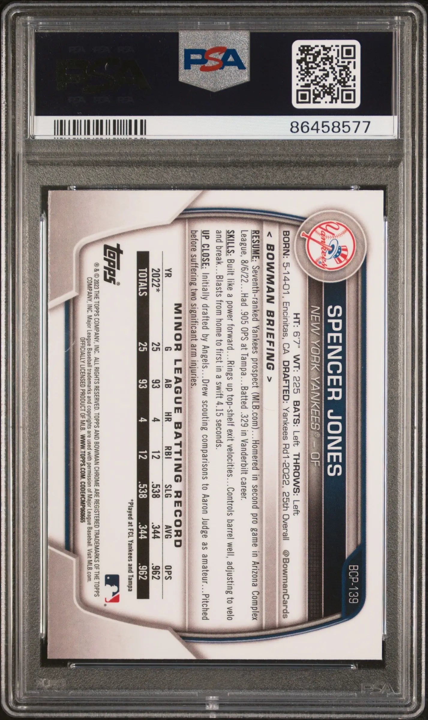 PSA-graded Spencer Jones 2023 Bowman Chrome Atomic Refractor back statistics panel