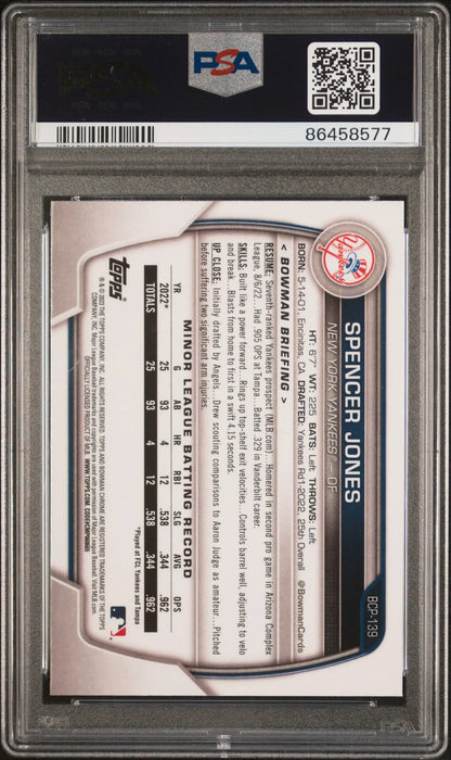 PSA-graded Spencer Jones 2023 Bowman Chrome Atomic Refractor back statistics panel