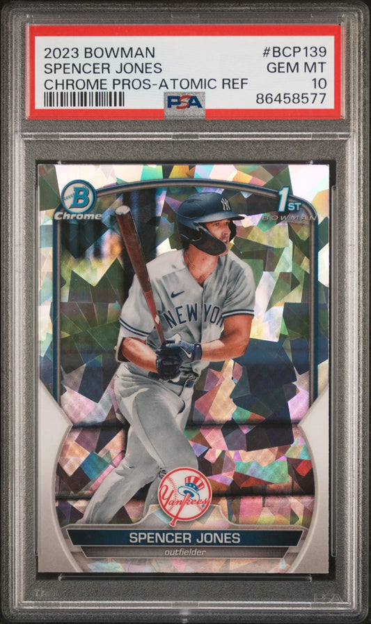 PSA 10 Gem Mint Spencer Jones 2023 Bowman Chrome Atomic Refractor baseball card