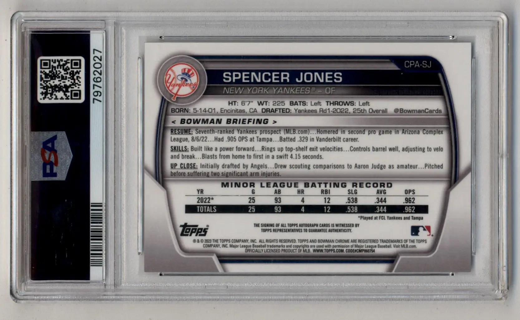Graded Spencer Jones 2023 Bowman Chrome Prospect Auto PSA 10 Gem Mint card