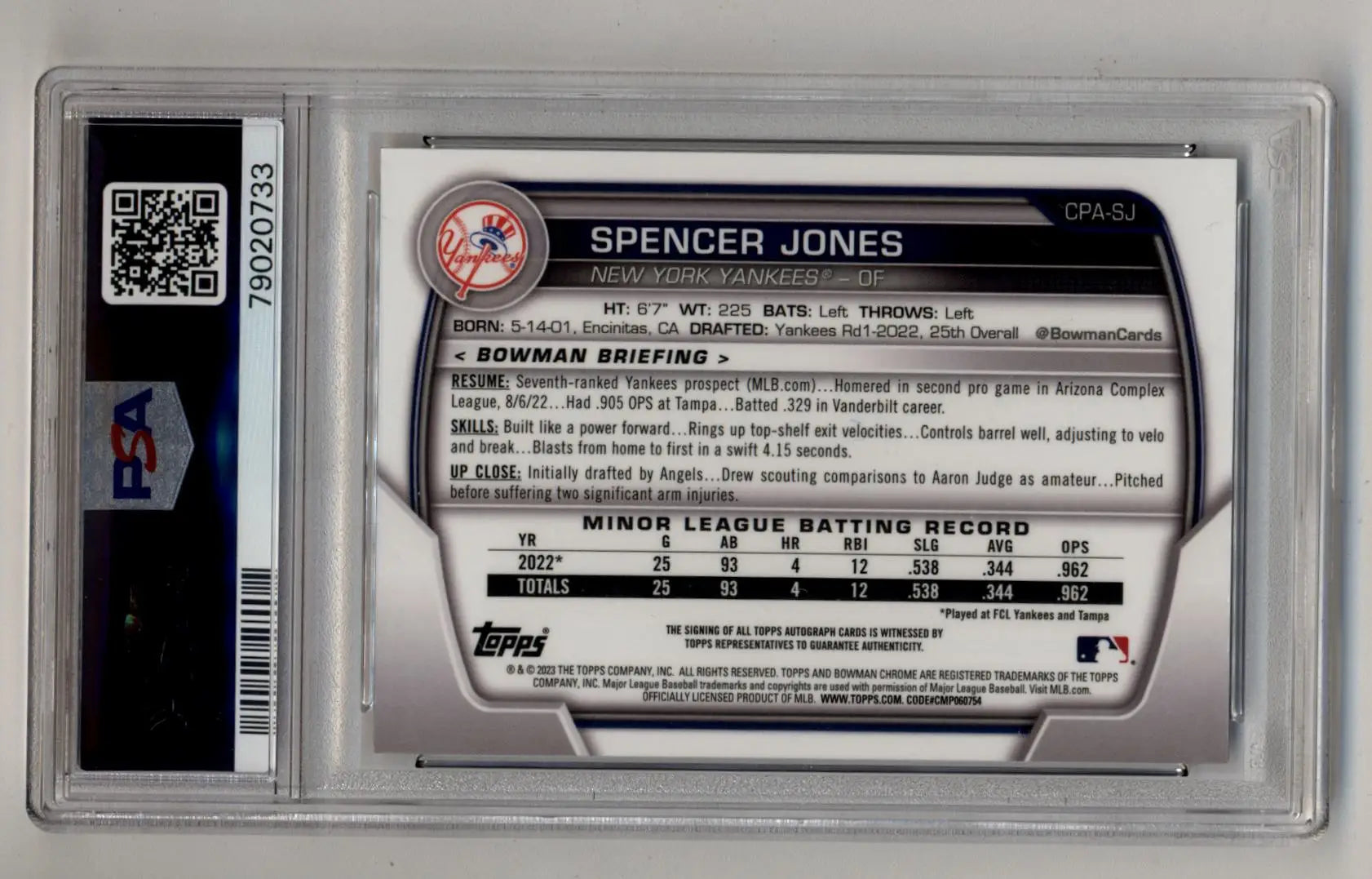 A graded Spencer Jones 2023 Bowman Chrome Prospect Auto PSA 9 Mint baseball card