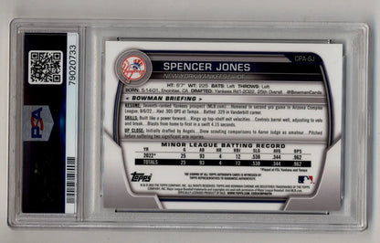A graded Spencer Jones 2023 Bowman Chrome Prospect Auto PSA 9 Mint baseball card