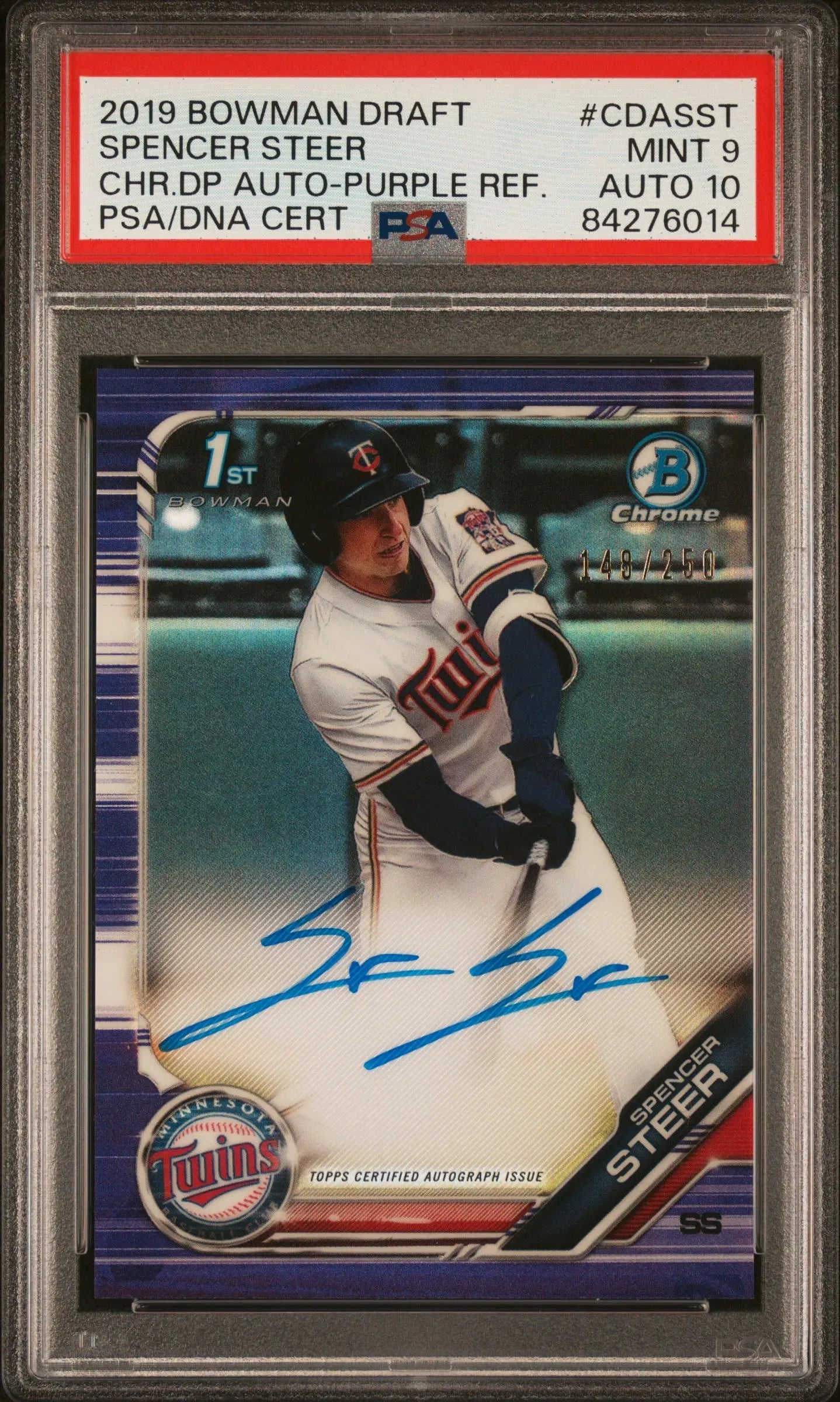 2019 Bowman Chrome Draft Auto Purple Refractor Spencer Steer baseball card PSA 9 Auto 10