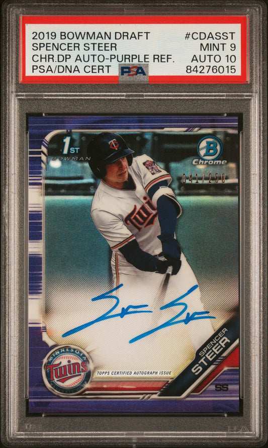 Spencer Steer Bowman Chrome Draft Auto Purple Refractor baseball card with PSA 9 grade