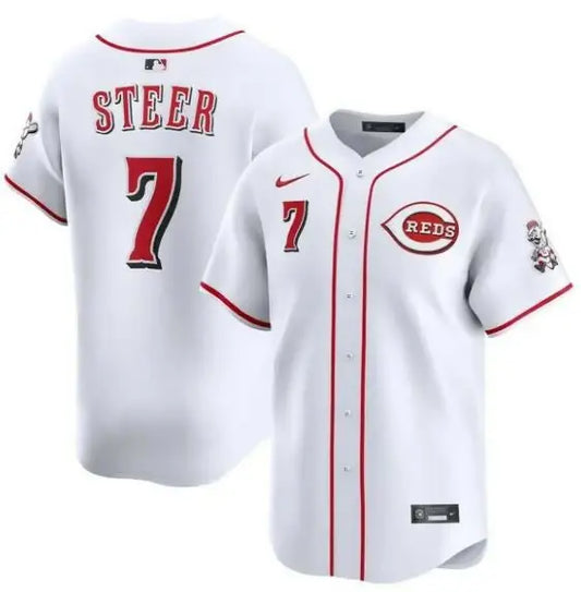 White Cincinnati Reds baseball jersey featuring Spencer Steer Nike Alternate design