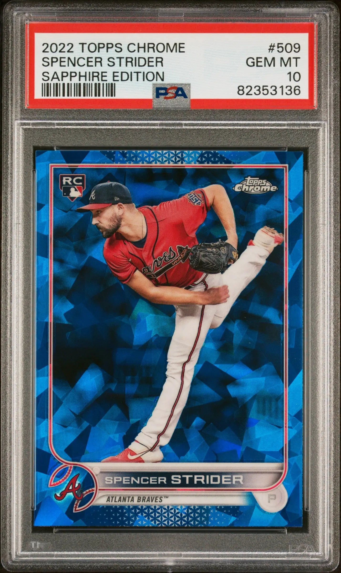Spencer Strider 2022 Topps Chrome Sapphire baseball card in PSA 10 Gem Mint with blue background