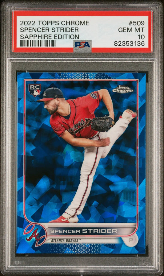 Spencer Strider 2022 Topps Chrome Sapphire baseball card in PSA 10 Gem Mint with blue background