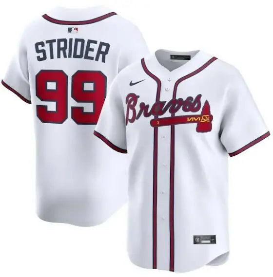 White Atlanta Braves Spencer Strider Nike home limited player jersey displayed