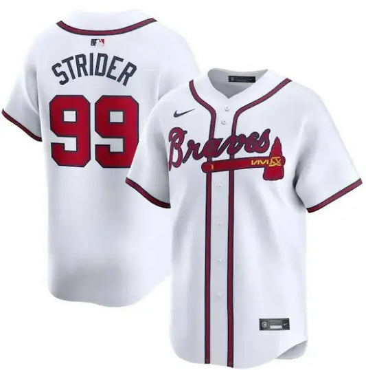 White Spencer Strider Atlanta Braves Nike Home Limited Player Jersey on display