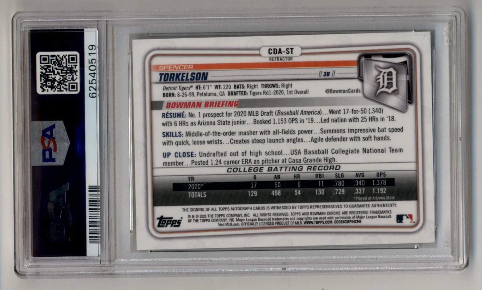 Spencer Torkelson Bowman Chrome Draft prospect trading card with stats and biography