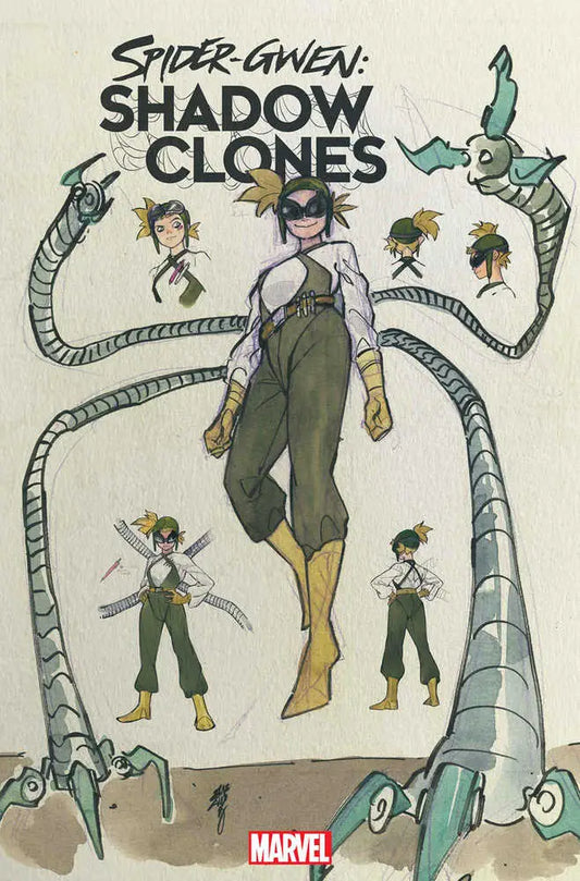 Comic book cover art for Spider-Gwen Shadow Clones with tentacled figures, perfect for trading cards