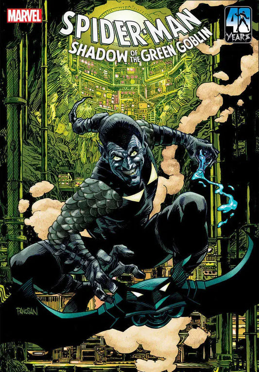 Comic book cover of Spider-Man in black costume leaping through green cityscape