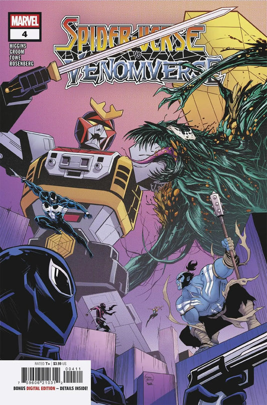 Comic book cover showing final battle between giant robot and tentacled monster in Spider-Verse vs Venomverse #4