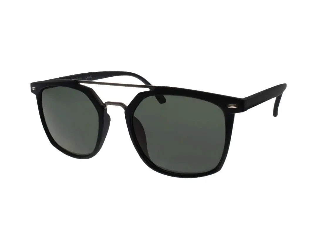 Square Aviator Sunglasses with polarized lenses, black square frame, dark green lenses