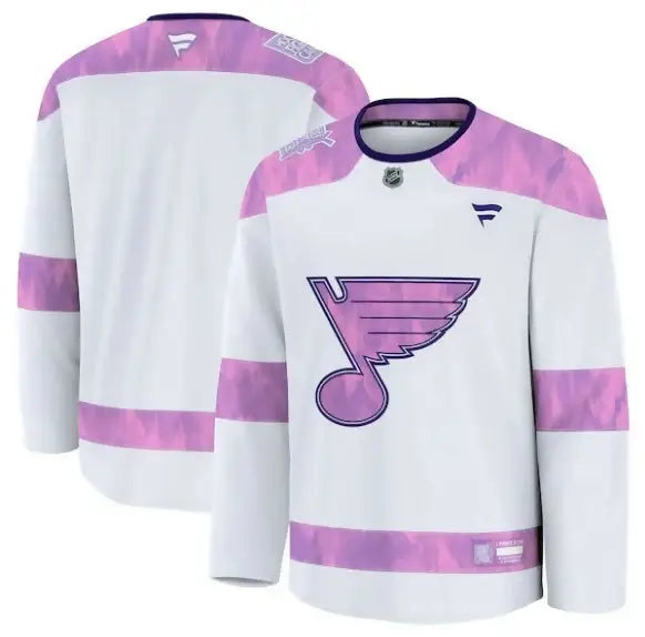 White and purple St Louis Blues hockey practice jersey with stylized musical note logo
