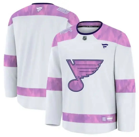 White and purple St Louis Blues hockey practice jersey with stylized musical note logo