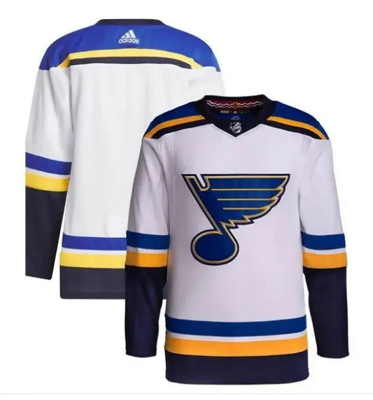White and blue St Louis Blues adidas Away Primegreen hockey jersey with gold accents and musical note logo
