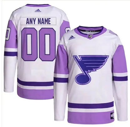 White and purple St. Louis Blues Hockey Fights Cancer Adidas jersey with team logo