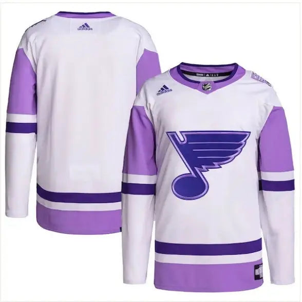 White and purple St. Louis Blues hockey jersey with blue musical note logo