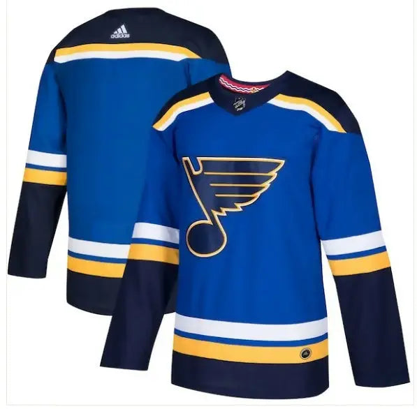 Blue St. Louis Blues adidas home authentic jersey with yellow and white stripes