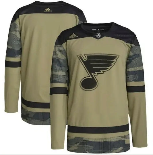 Olive green and black camouflage St Louis Blues hockey jersey with winged musical note logo