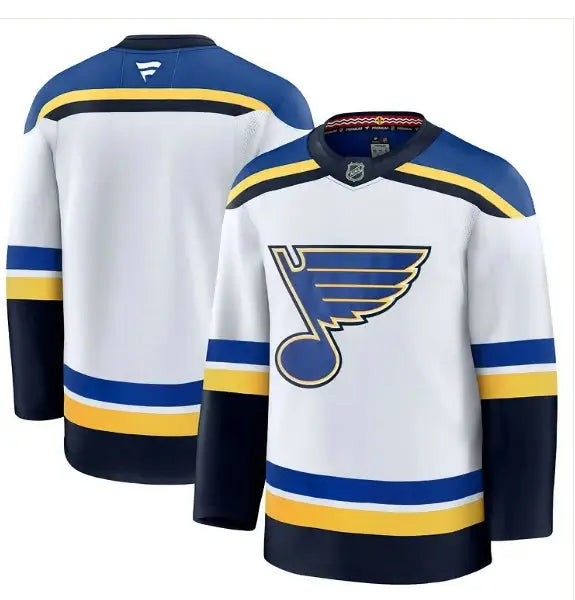 White St. Louis Blues Alternate Premium Hockey Jersey with musical note logo and blue gold accents