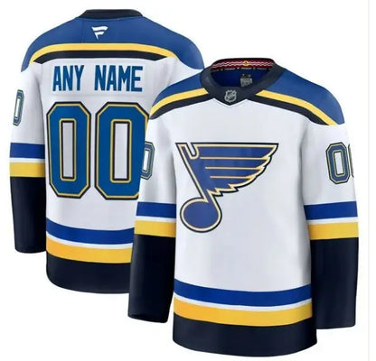 White, blue, and gold St. Louis Blues away premium custom hockey jersey displayed