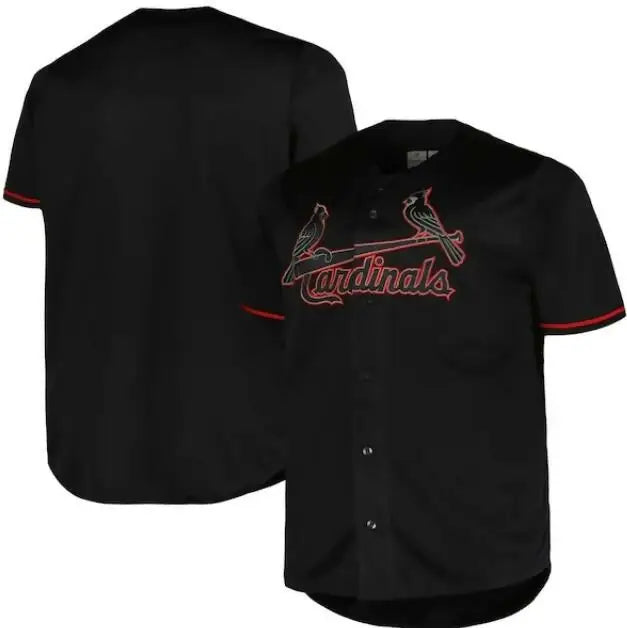Black St. Louis Cardinals baseball jersey displayed in St. Louis Cardinals Profile Big & Tall Blackout Replica Jersey