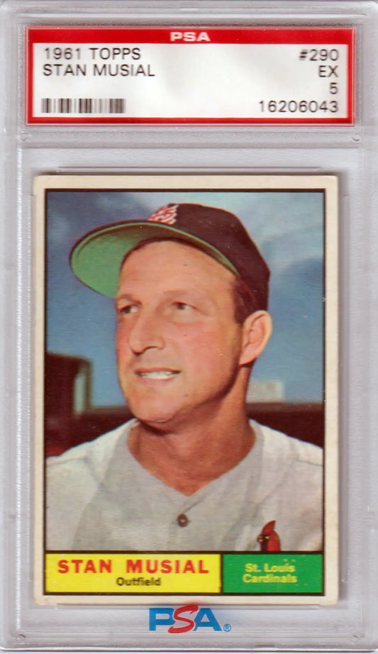 PSA-graded 1961 Topps Stan Musial baseball card from Columbia Hobby featuring Cardinals player