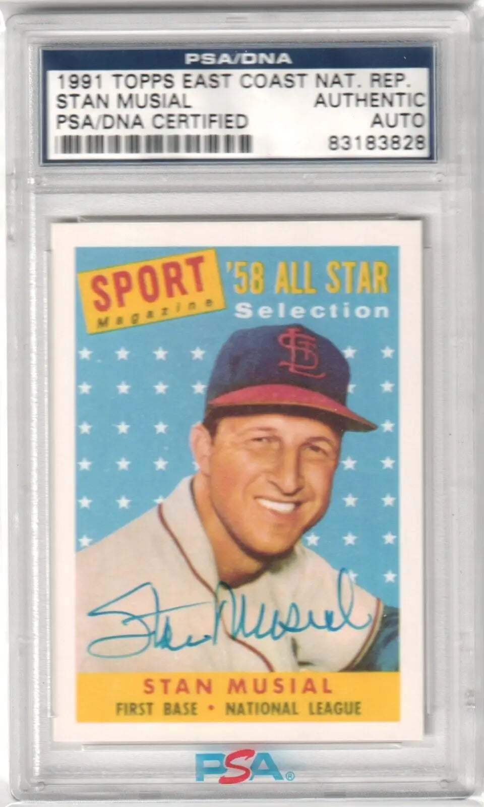 Stan Musial autographed baseball card from Columbia Hobby’s eBay store featuring single cards