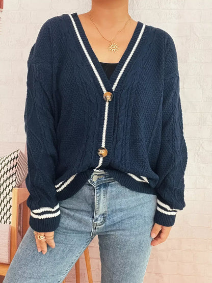 Star Pattern Button-Up Cardigan with Contrast Trim - Cardigan