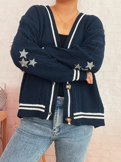 Star Pattern Button-Up Cardigan with Contrast Trim - Cardigan