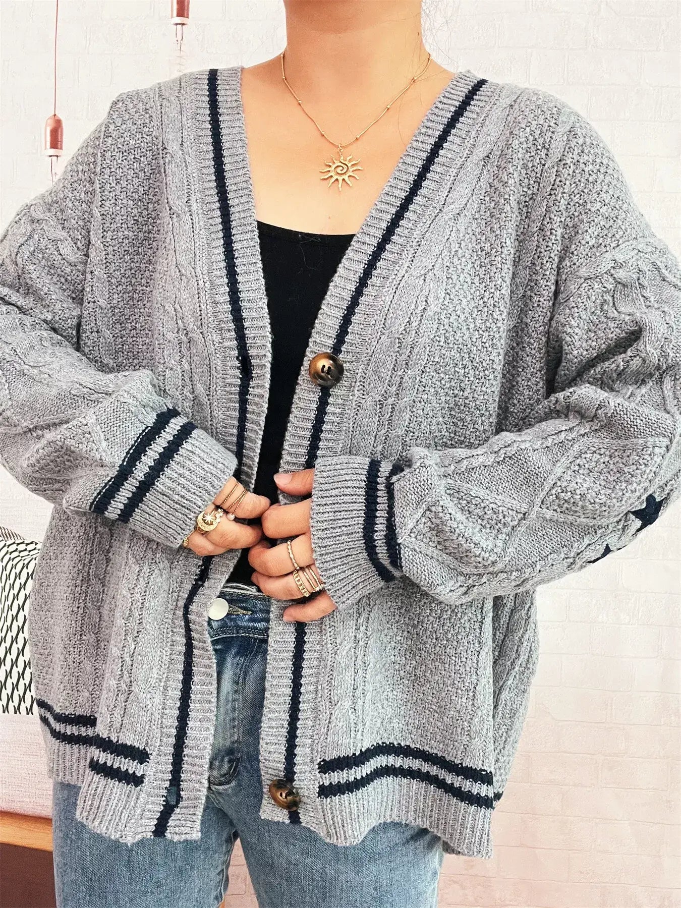 Star Pattern Button-Up Cardigan with Contrast Trim - Cardigan