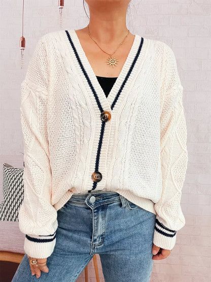 Star Pattern Button-Up Cardigan with Contrast Trim - Cardigan