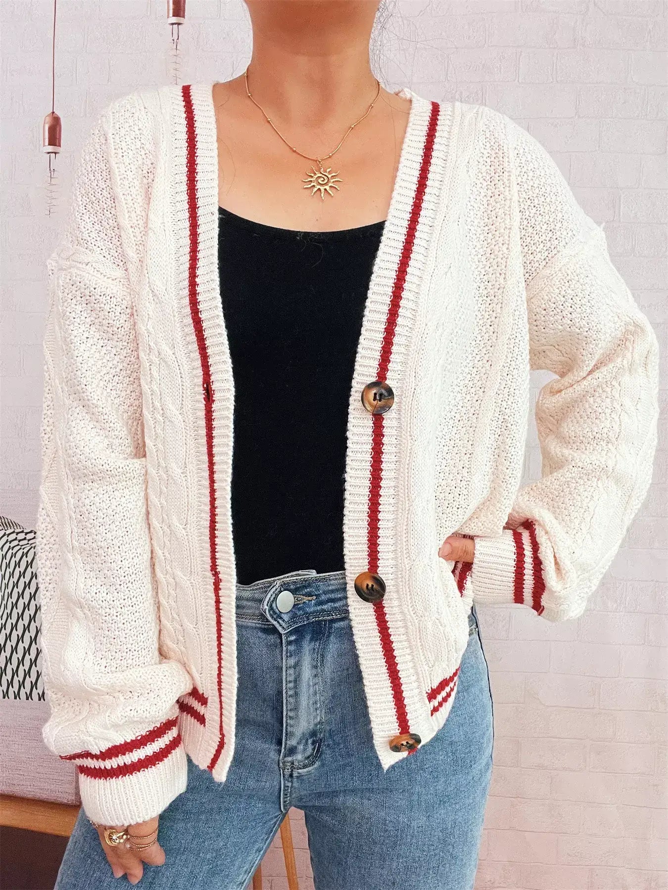 Star Pattern Button-Up Cardigan with Contrast Trim - Cardigan