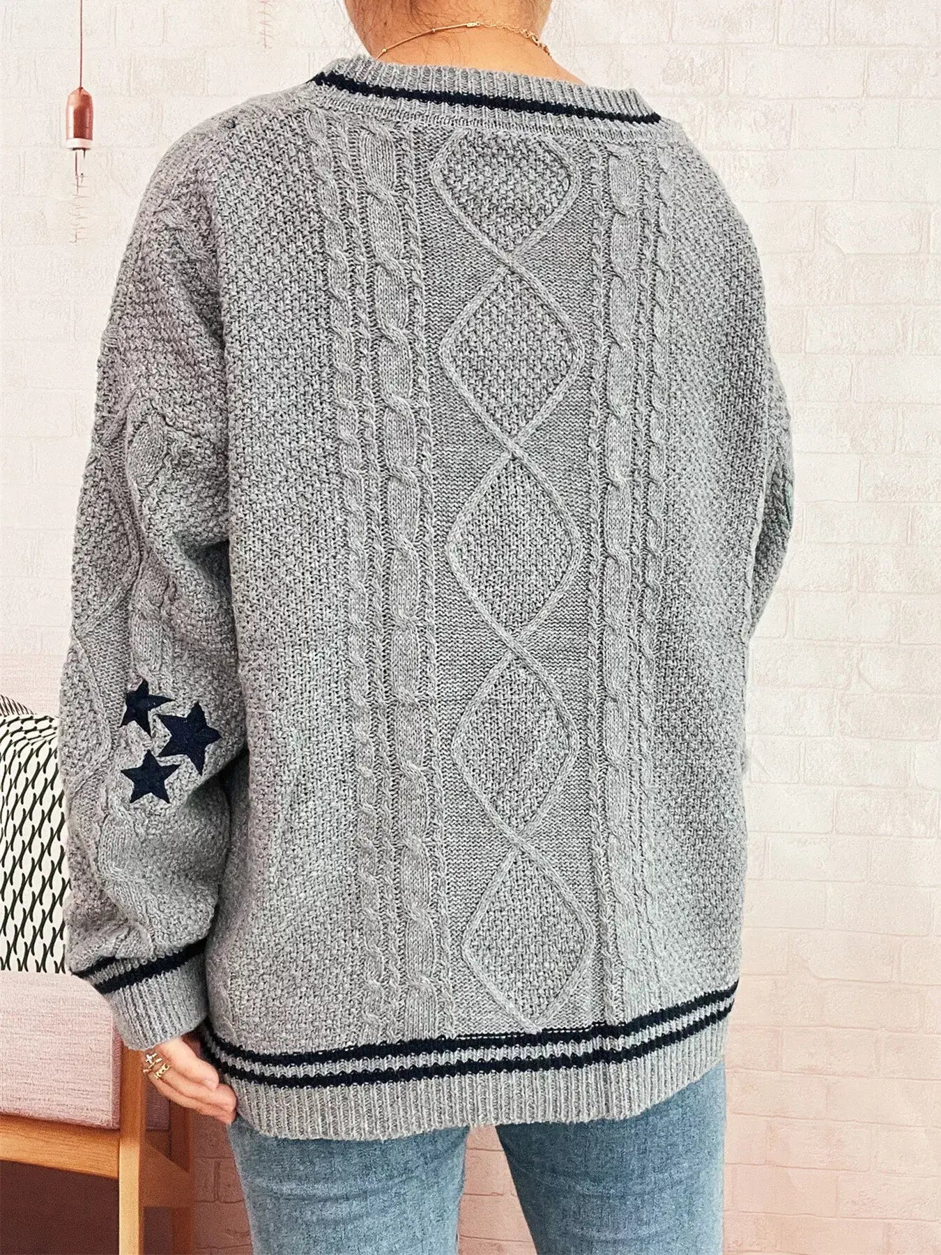 Star Pattern Button-Up Cardigan with Contrast Trim - Cardigan