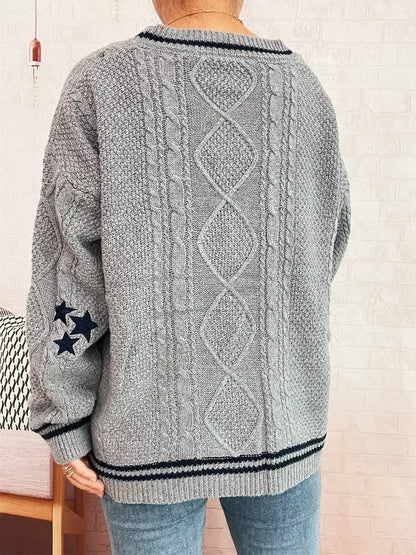 Star Pattern Button-Up Cardigan with Contrast Trim - Cardigan