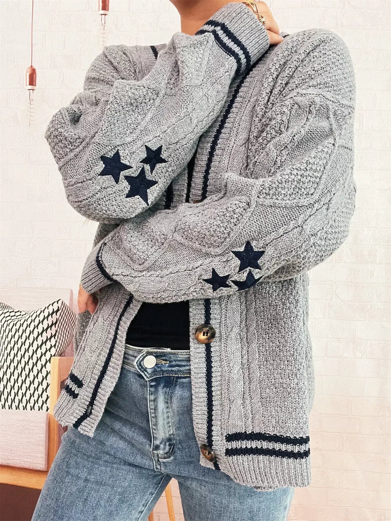 Star Pattern Button-Up Cardigan with Contrast Trim - Cardigan